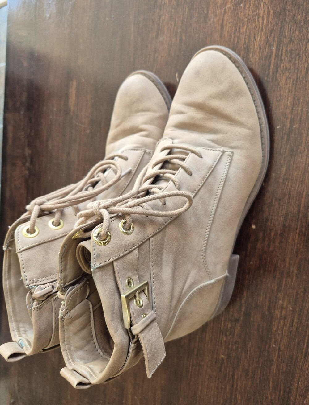 Aldo Beige Lace-Up Ankle Boots with Buckle Detail